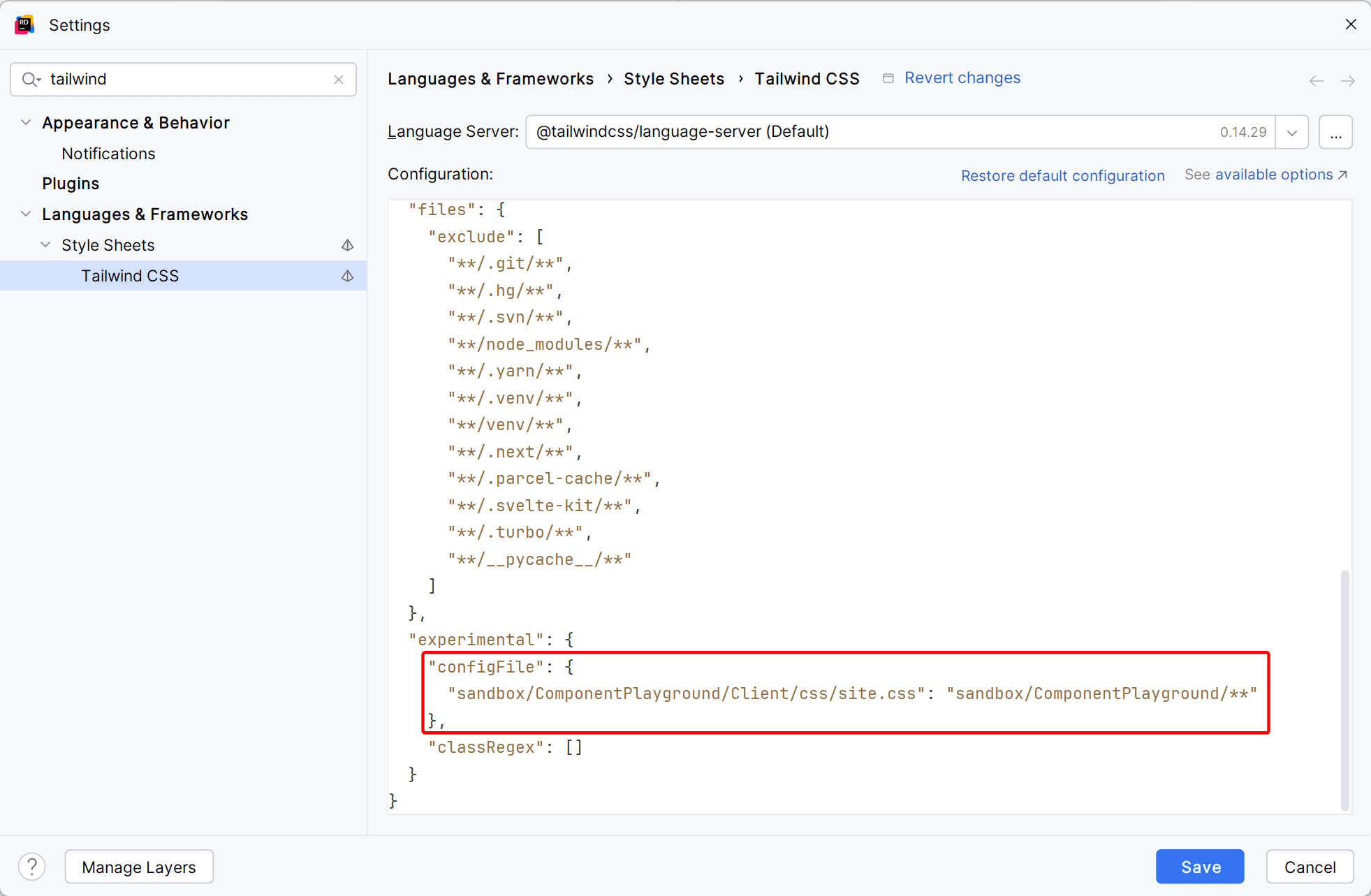 Updated Tailwind language server settings