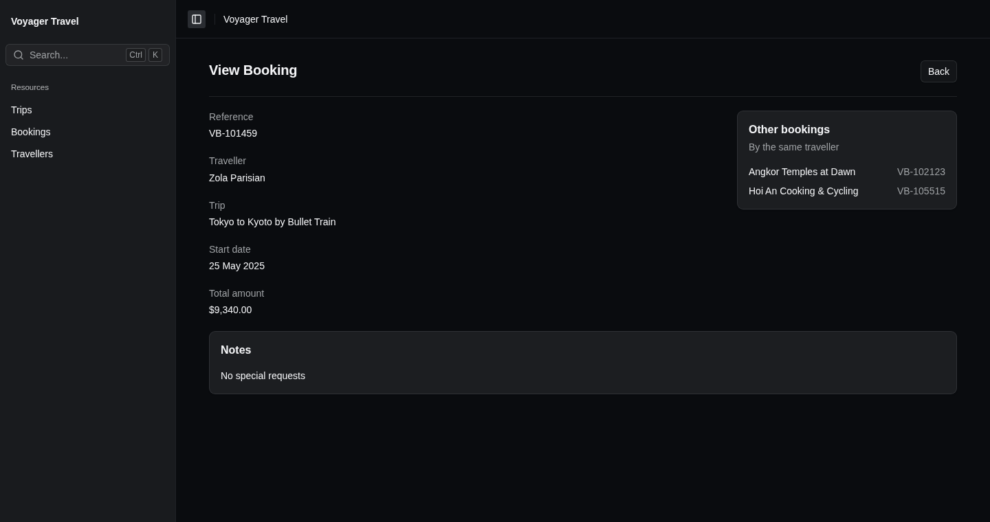 A booking's view page with the traveller's other bookings beside the fields and the booking's notes below them