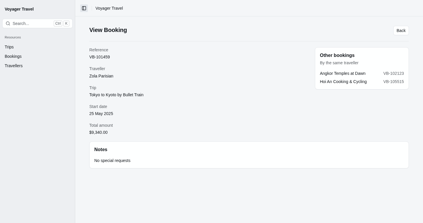 A booking's view page with the traveller's other bookings beside the fields and the booking's notes below them